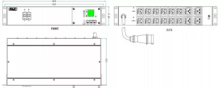 Блок розеток горизонтальный с мониторингом MIK-2G-2U-32A-230-12-C13(LE)-4-C19(LE)-IEC309-32-2-P-M