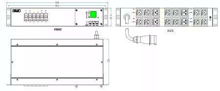 Блок розеток горизонтальный с мониторингом MIK-2G-2U-32A-400-12-C13(LE)-4-C19(LE)-IEC309-32-3-P-M
